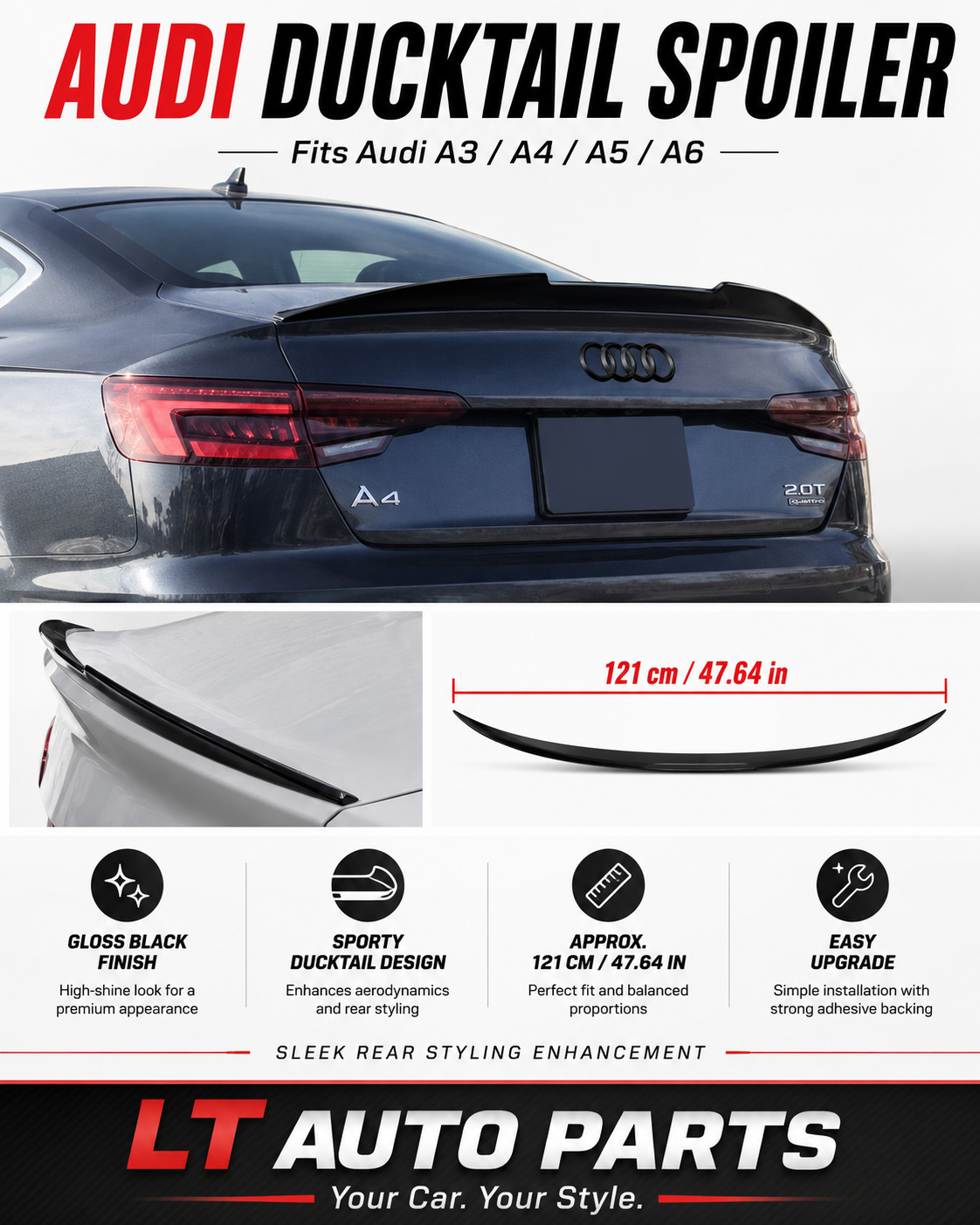 Audi A3/A4/A5/A6 Gloss Black High-Kick Ducktail Boot Spoiler